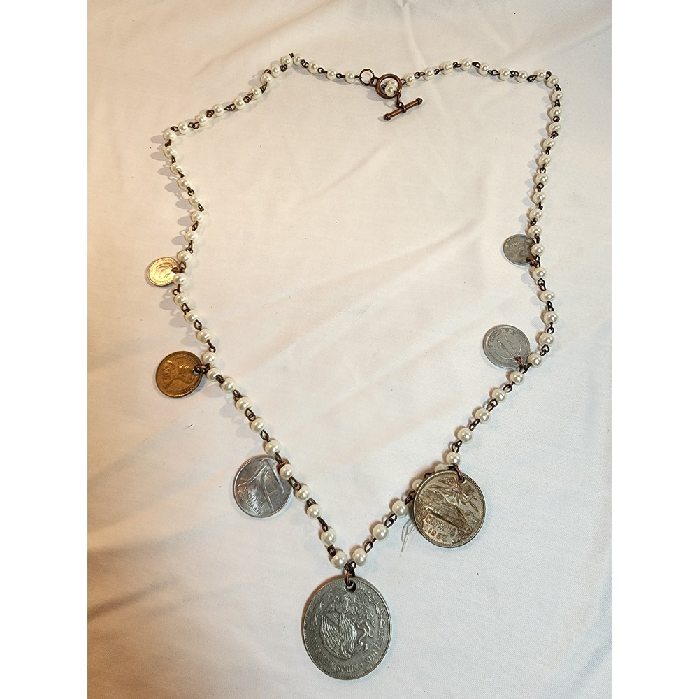 Vintage International Coin and Faux Pearl Charm Necklace Copper Toggle Clasp‎